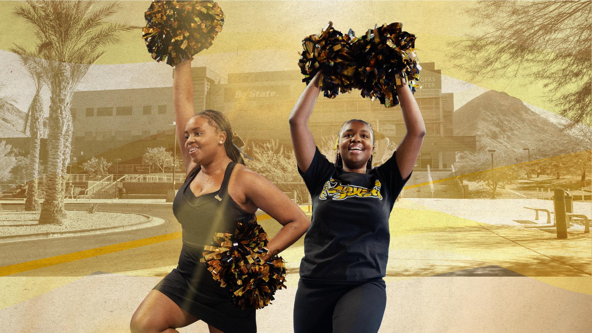 Dance Team member performing with pom-poms during a routine that showcases Nevada State's visual energy in front of the Nevada State University campus with mountains in the background