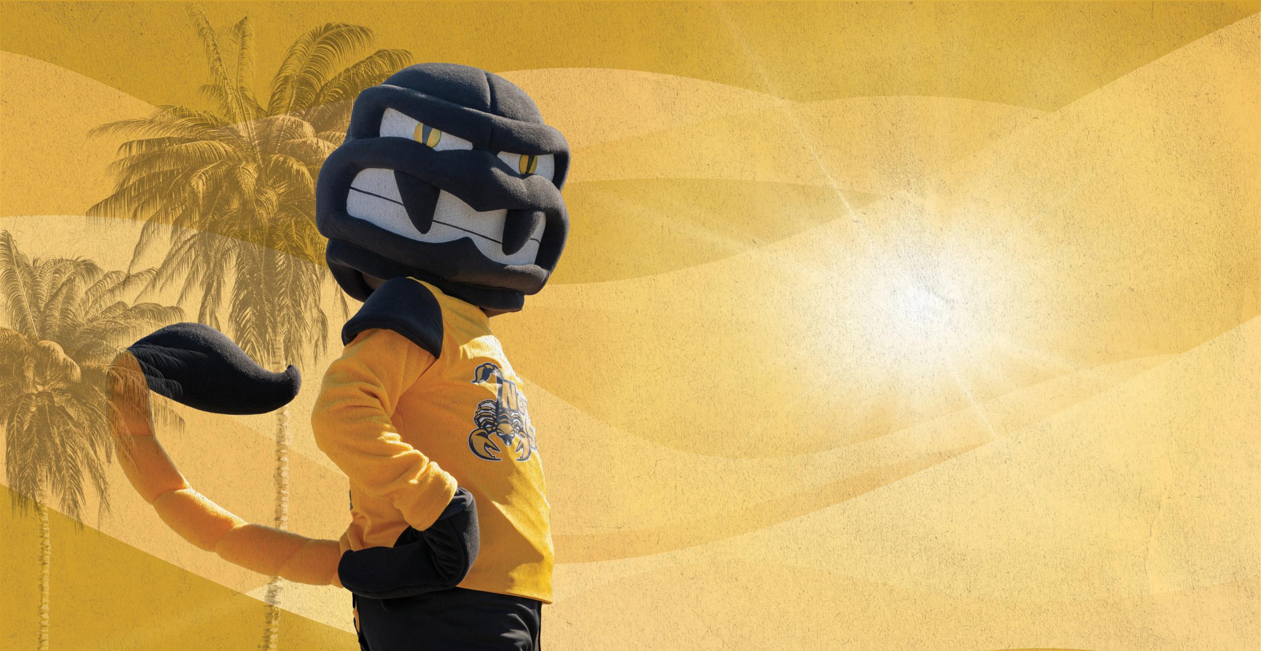 Nevada State Scorpions mascot in gold uniform with black details striking a confident pose against a desert background with palm trees